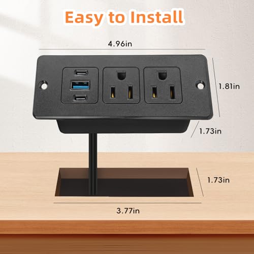 Recessed Power Strip, 20W USB-C Furniture Outlet, Black, 10FT | 2 AC + 3 USB (2 USB-C, 1 USB-A), Flush Mount, Space-Saving, Easy Install, For Desk, Bedside, Drawer, Conference Table - color: Black, size: 10 FT