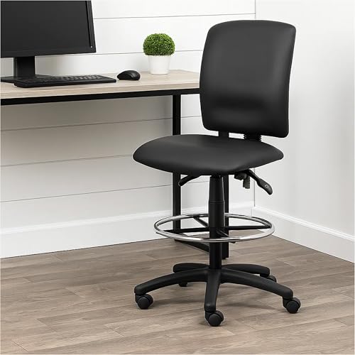 Benzara Reza Swivel Drafting Stool, Footring, Black Faux Leather, Contoured
