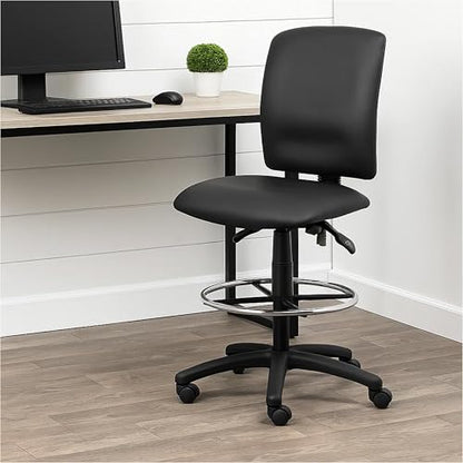 Benzara Reza Swivel Drafting Stool, Footring, Black Faux Leather, Contoured