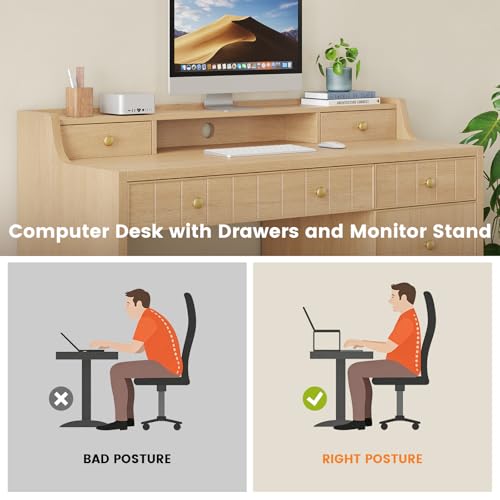 Office Desk with Drawers, 47" Wide Small Desk with File Drawer, Study Table Wood Writing Desk with Long Monitor Stand for Bedroom,Home Office