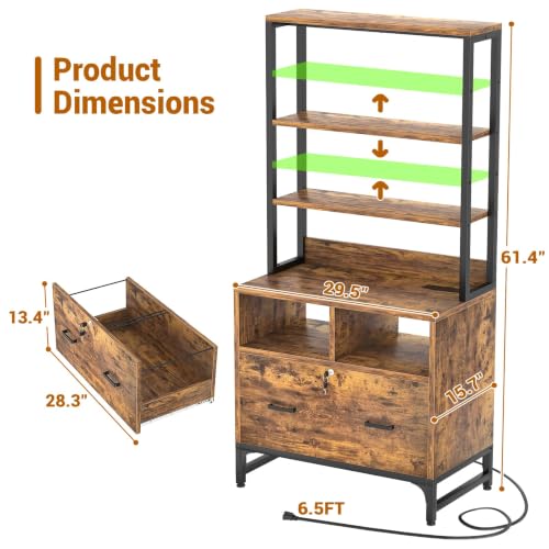 Homieasy Vertical File Cabinet with Shelves and Charging Station - color: Rustic Brown