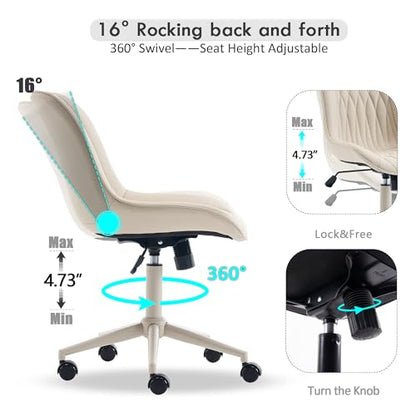 YOUNIKE Faux Leather Office Desk Chair Comfy Vanity Chair Armless Cream | Ergonomic Upholstered Rocking Back, Swivel with Wheels, Height Adjustable, Modern Task Chair For Computer Sewing Drafting - color: Cream