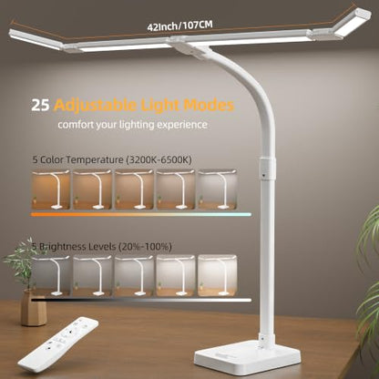 LED Desk Lamp for Home Office，42" Eye-CaringDesk Light with Remote，Adjustable Flexible Gooseneck，1800LM Ultra Bright Table Lamp with Base for Work，Reading, Study，Double Monitor（White） ﻿ - size: extra-Large
