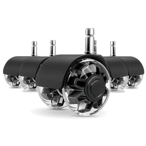 Office Chair Wheels Dual Rubber 2'' (Set of 5) Heavy-Duty Chair Wheels Support 2200lbs, Mute Rubber Chair Casters for Hardwood Floors and Carpet, Universal Fit 7/16 x 7/8 Inch (Black)