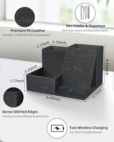 Wireless Charger with Desk Organizer, 3 Compartments and 1 Phone Stand - color: PU Black