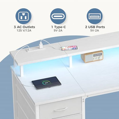 DUMOS 40-Inch Gaming Desk with Power Outlets and LED Lights, White