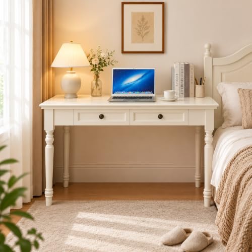 White Writing Desks with Drawers, 47" French Country Style - color: White, size: Standard-47 inches