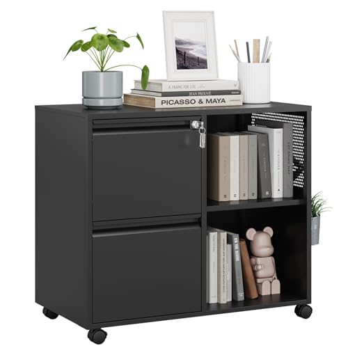 MIIIKO 2 Drawer File Cabinet with Lock, Metal Lateral Rolling Printer Stand Filing Cabinets with Drawers for Home Office,A4, Letter Size File Folders(Black) - color: Black, size: 2 Drawer-31.5"W -Mobile-a