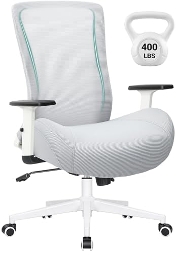 Big and Tall Home Office Desk Chair 400lb Capacity for Heavy People, Ergonomic Wide Mesh Desk Chair with Stepless Recline & Lock, 5.5" Thick Cushion, High Back, Adjustable Height & Armrests - color: White