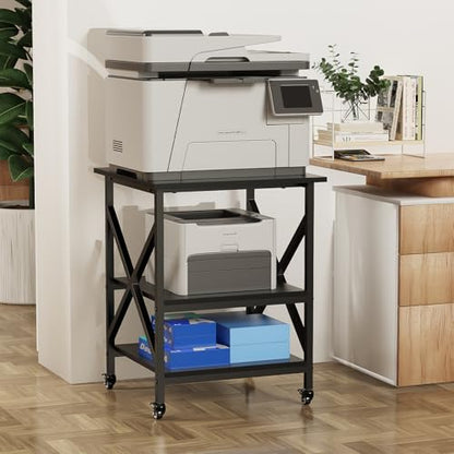 3 Tier Printer Stand, Large 23.6"x23.6" Printer Table with Wheels | 3d Rolling Printer Cart with Height Adjustable Storage Shelf,Fit printer/fax/3d/scanner for Home Office, Black - color: Black