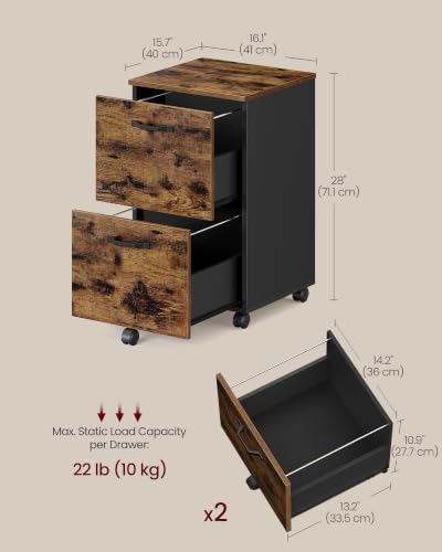 VASAGLE 2-Drawer File Cabinet, Small Rolling Filing Cabinet - color: Rustic Brown + Ink Black, style: Classic