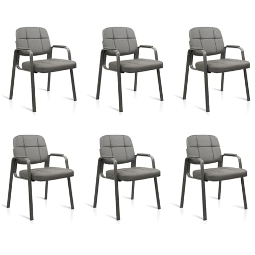 CLATINA Office Reception Guest Chair with Bonded Leather Padded Arm Rest, Ergonomic Guest Chair for Waiting Room Lobby Meeting Church Conference School, Grey, 6 Pack - size: 6 Pack