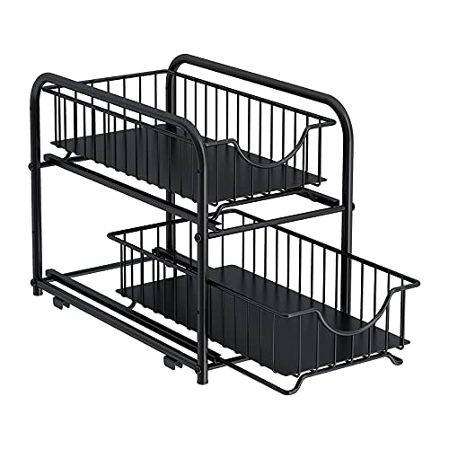 2-Tier Pull Out Organizer Under Sink Sliding Cabinet Rack,Black | Stackable Sliding Storage Drawer organizer with adjustable height and anti slip pad. Kitchen,Office or Cabinet Storage - color: Black