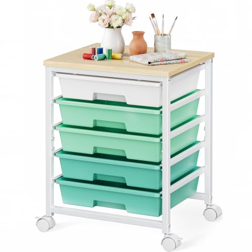 Pipishell Rolling Cart with 8 Drawers, Rolling Storage Drawer Cart with Lockable Wheels & Wood Tabletop, Craft Organizers and Storage for Craft Room, Classroom, Home Office, Kids Room, Green Gradient - color: Green Gradient, size: 5-Drawers