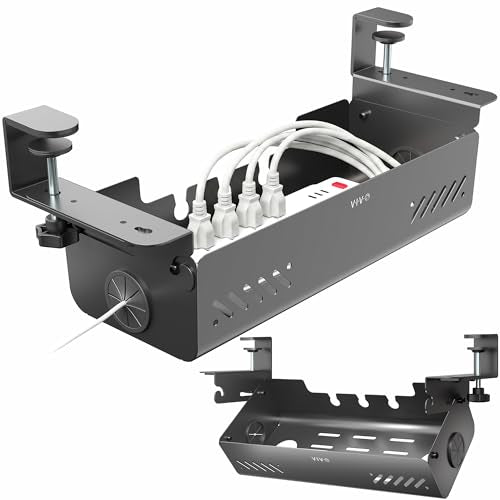 VIVO No Drill 19 inch Clamp-On Under Desk Cable Management Box with Flip-Open Lid, Easy-to-Open Steel Cord and Power Strip Organizer, Cable Organizer Tray, 11 lbs Capacity, Black, DESK-ACMB20-C