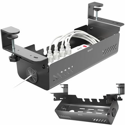 VIVO No Drill 19 inch Clamp-On Under Desk Cable Management Box with Flip-Open Lid, Easy-to-Open Steel Cord and Power Strip Organizer, Cable Organizer Tray, 11 lbs Capacity, Black, DESK-ACMB20-C