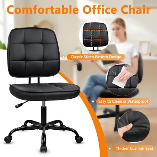 CLATINA Armless Home Office Chair with Lumbar Support and Wheels, Small PU Leather Ergonomic Low Back Desk Chairs No Arms, Adjustable Height 360° Swivel Rolling Computer Task Chair, Black, 2 Pack - color: Black-heibao, size: 2 Pack