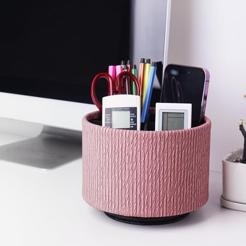 Round Leather Art Supply Organizer,Remote Control Holder,360 Degree Spinning,Multi-Functional Pencil Holder,4 Compartments Desktop Stationary Organizer(1-Wood Pink) - color: 1-Wood Pink