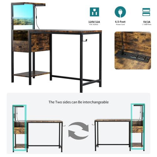 Computer Desk with Power Outlet & Storage, Ideal for Home Office Study (Brown)