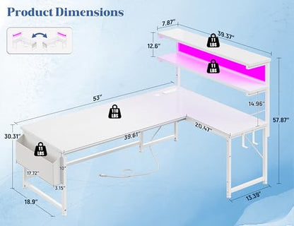 DurayLoly 53"White L Shaped Desk with LED Light & 5 Power Outlet for Gaming | 41 Vivid Lighting Modes LED of Gaming Desk; Built-In Charging Hub (3 AC+2 USB) Charges 5 Devices to Tidy Gaming Station,White - color: White, size: 53Inch