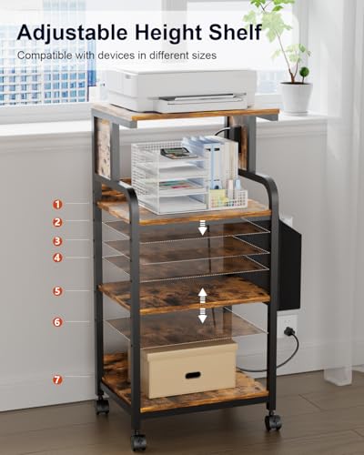 Tall Printer Stand with Charging Station, 4-Tier Mobile Printers Cart - color: Retro Brown, size: 20.9''x15.7''