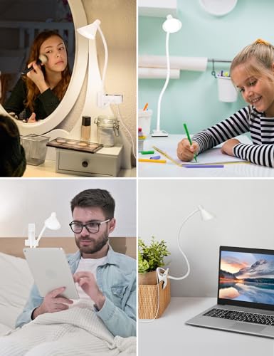 LiFMIRA Desk Lamp Clip on Light USB Reading Light 3 Color Modes White | 10 Dimmable Brightness Eye Care Clamp Desk Lamp Flexible Gooseneck Book Light for Reading in Bed and Desk - color: White