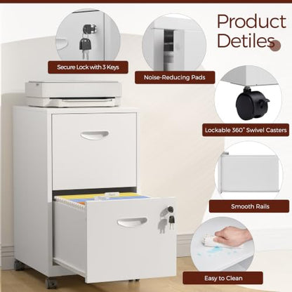 Metal 2 Drawer File Cabinet with Lock & Wheels for Office, White - color: White, style: 2 Drawers Mobile File Cabinet