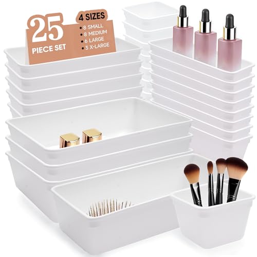 Kitchen Desk Drawer Organizers Storage for Office, Small Acrylic Vanity Trays Makeup for Drawer Bathroom Plastic Make up Organizers 25 Pcs White - color: White