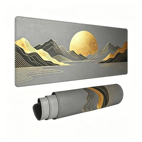 Gray Sunrise Gold Mountain Desk Mat,XL Japandi Mouse Pad,31.5 x 12in | Extended Minimalist Abstract Gaming Mousepad for Men Women,XL Line Art Computer Keyboard Pad for Office Home,80x30 cm - color: Gold Sun