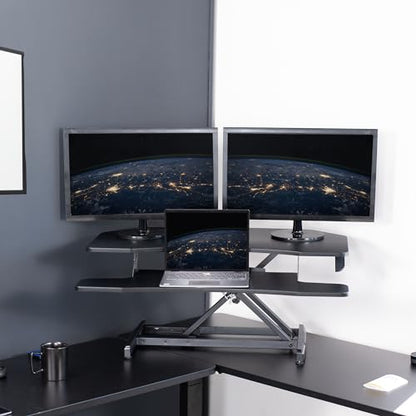 VIVO Corner Height Adjustable 38 inch Standing Desk Converter, Quick Sit to Stand Tabletop Dual Monitor Riser Workstation, DESK-V037MC