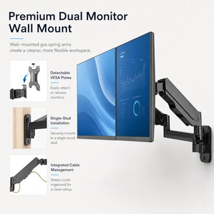 Mount-It! Dual Monitor Wall Mount Bracket - Double Computer Monitor Wall Mount With Two Height Adjustable Full Motion Arms Tilt up to 17" - 32" Inch Screens with 75, 100 VESA Patterns, 19.8 Lb Per Arm