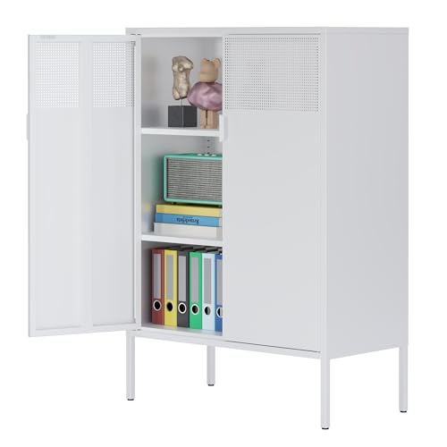 Ustamio 2 Door Accent White Metal Storage Cabinet with Adjustable Shelves and Air Vent Doors, 3 Tier Metal Sideboard Cabinet for Home, Office, Entryway, Hallway, Assembly Required, (LC-WGG-W) - color: White, size: 47.2"H-Metal Doors