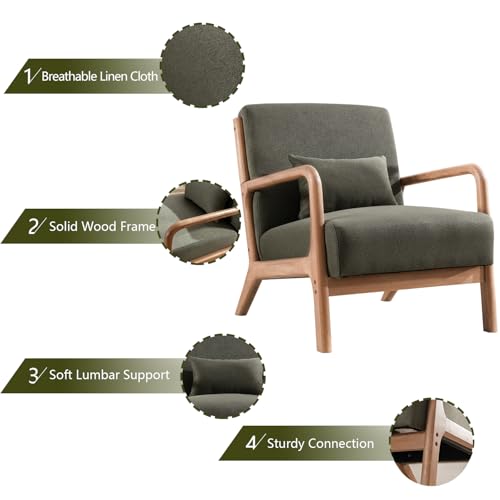 INZOY Mid Century Modern Accent Chair with Wood Frame, Upholstered Living Room Chairs with Waist Cushion, Reading Armchair for Bedroom Sunroom (Green) - color: A-blackish Green