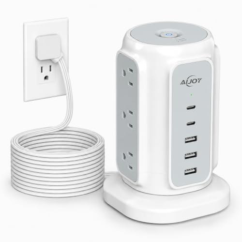 AiJoy 10FT Flat Plug Power Strip Tower with 9 AC Outlets and 5 USB Ports - color: White-10FT