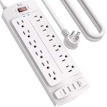 Power Strip, Tcstei Surge Protector with 12 Outlets and 4 USB Ports, 10 Feet Extension Cord for Home, Office, Dorm Essentials, 2700 Joules, White