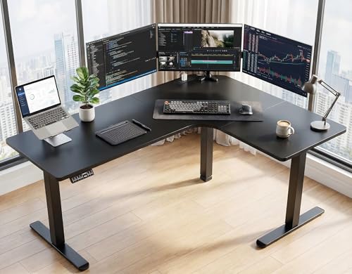 HUANUO 63″ L-Shaped Standing Desk, Built-in Power Outlets, Black