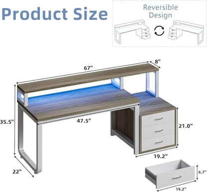 MaverickFurni 67" Home Office Desk with 3 Drawers and LED Lights, Walnut - color: White and Walnut