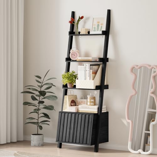 Ladder Bookshelf with Storage Space,4 Tier Ladder Shelf,Wooden Ladder Bookcase,Freestanding Corner Shelf for Home Office,Living Room,Bedroom (Black) - color: Black