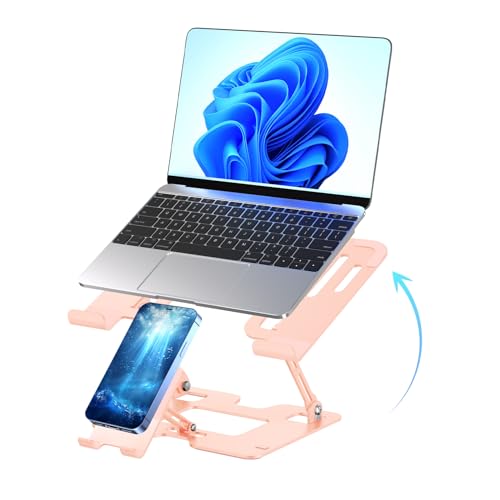 Ergonomic 2-in-1 Laptop Phone Stand for Desk, Pink Laptop Stand Adjustable Riser, Sturdy and Portable, Fits All Laptops and Phone (Pink) - color: Pink