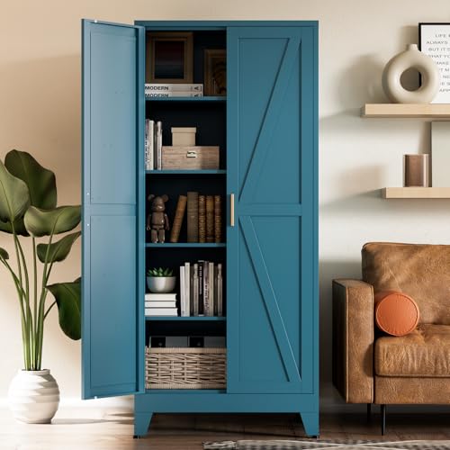COFaR Home Farmhouse Storage Cabinet with Barn Door, Tall Kitchen Pantry Cupboard with Adjustable Shelves, for Dining Room, Bathroom, Living Room Blue. - color: Blue Green, size: 71" Farmhouse