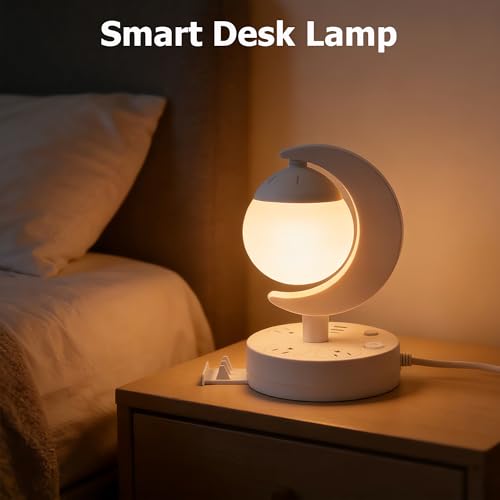 Table Lamp with USB Charging Port & AC Outlet, 3-Color Dimmable LED Desk Lamp, Eye-Caring Bedside Nightstand Light for Bedroom, Home Office & Living Room
