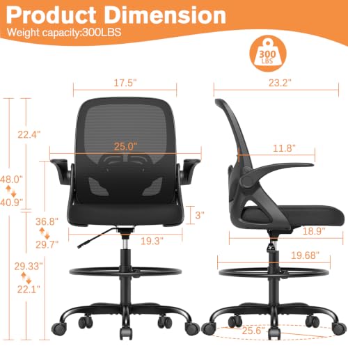 ORRSAKER Drafting Chair, Tall Office Chair with Flip-up Arms, Mesh Ergonomic Computer Standing Desk Chair with Adjustable Height Foot Ring and Lumbar Support, 300 LBS Capacity, Black - color: Black