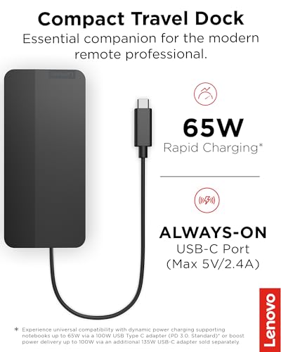 Lenovo USB-C Dual Display Travel Dock - 7 Ports, Integrated Cable, Universal Compatibility, Two displays at 4K - Black - style: USB Dock