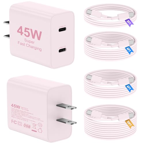 45W iPhone 17 16 15 Charger Fast Charging, 2 Pack Dual Port USB C Charger - color: Pink, size: 2pack-(3+6+6+10)ft