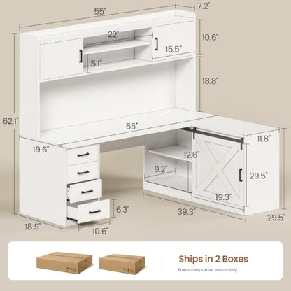 SEDETA Farmhouse 55” L Shaped Office Desk with Hutch, Drawers, Barn Door - color: White, size: 55 inches