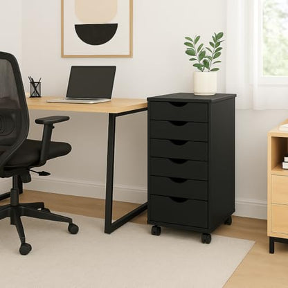 Jela-USA Solid Pine Wood 6 Drawer Rolling Cart, Black - color: Black, style: 6 Drawer