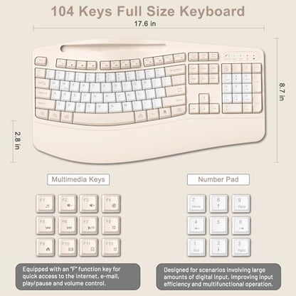 Wireless Keyboard and Mouse Combo, Ergonomic Wave Keys(Milk Tea-B) - color: Milk Tea-B