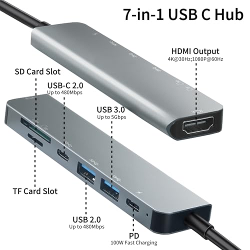 USB C Hub Multiport Adapter, 7 in 1 USBC Dongle with 4K HDMI, 100W PD Charging, USB 3.0, SD/TF Card Reader, USB-C Docking Station for MacBook Pro/Air, Chromebook, Dell, HP and Other Type C Laptops - color: Grey 04-USB C Hub