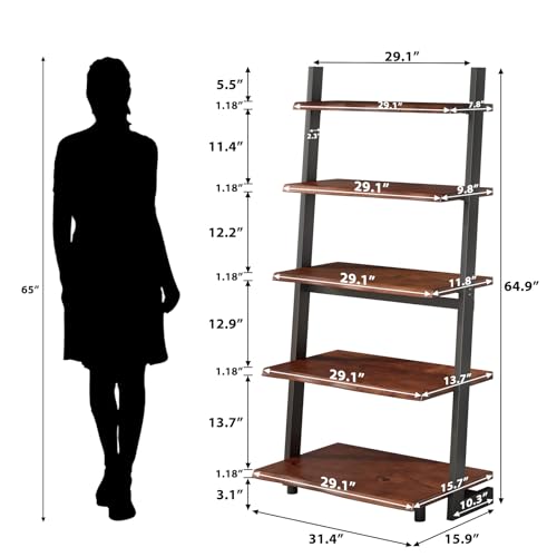 IBF 5-Tier Solid Wood Ladder Bookshelf with Natural Live Edge | Rustic Walnut Storage & Display Leaning Bookcase, Modern Space-Saving Shelf for Living Room, Bedroom, Home Office - size: 5 Tier
