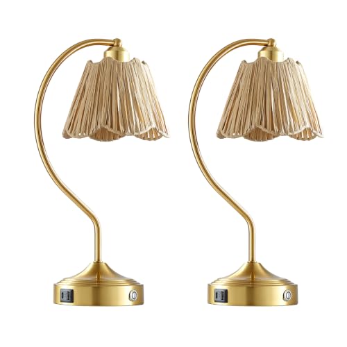 Set of 2 Boho Rattan Small Touch Table Lamps with USB C+A Ports | Bedroom Farmhouse Lamp and Retro Rattan Shade for Living Room Entryway Office, LED Bulbs Included - color: Brass